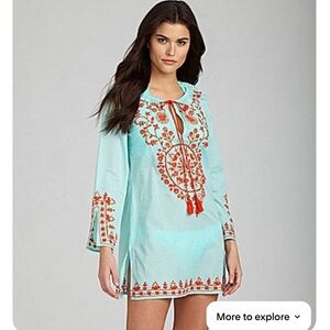 Gianni Bini Women’s S Boho Turquoise & Orange LS Embroidered Swim Coverup in EUC